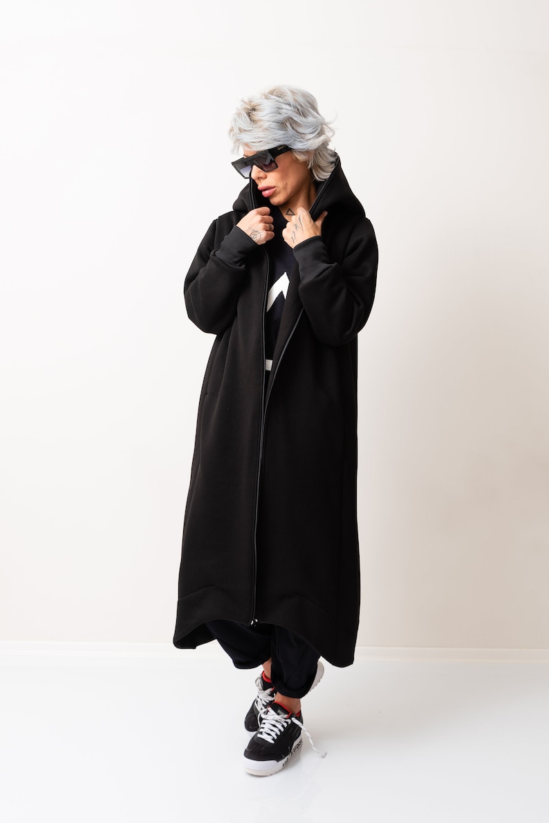 Black Warm Maxi Hoodie, Oversized Quilted Hoodie Sweatshirt with Long Sleeves zdjęcie 6