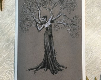 Tree Goddess Art Print, Dryad Drawing on Rag Paper
