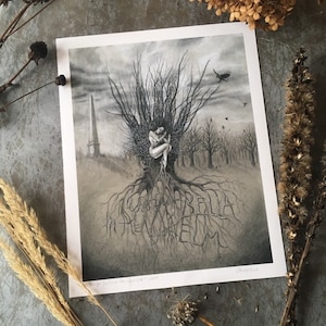 May include: A black and white illustration of a woman sitting in a tree with roots that spell out "CAPABELLAIN THE WRECKED ELM". The background is a dark forest with a tall obelisk in the distance.