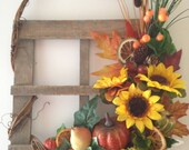 Fall Wooden Wreath, Handmade Sunflower Pumpkin Wreath, Home and Living