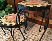Wrought Iron Plant Stands Set of 2 Floral Tile Top FREE SHIPPING