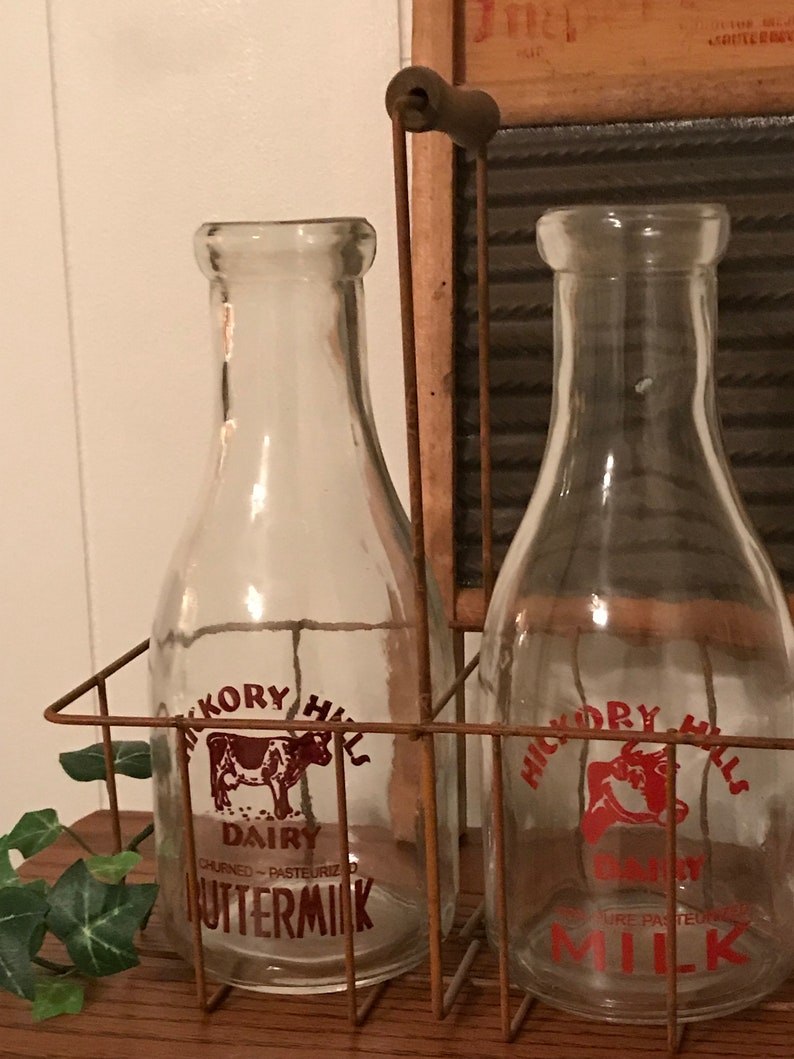Vintage Milk Bottles Hickory Hills Dairy Clear Glass Metal Etsy