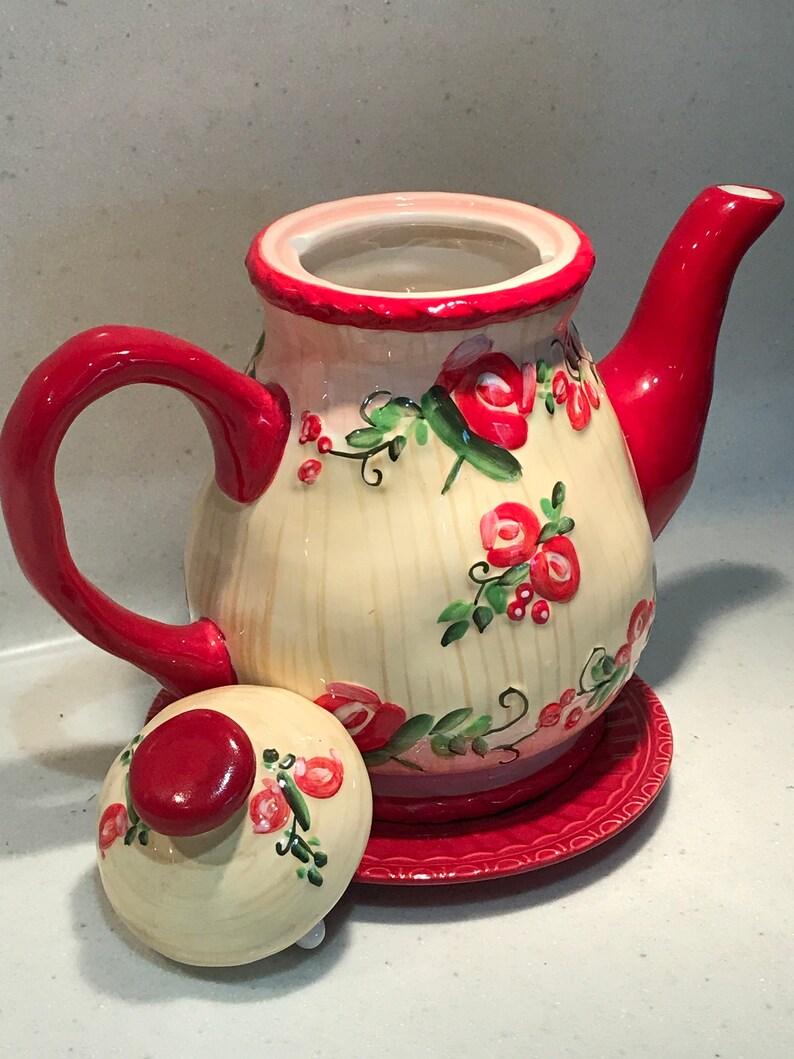 Red Bella Casa Teapot by Ganz Shabby Chic Hand painted Pottery Etsy