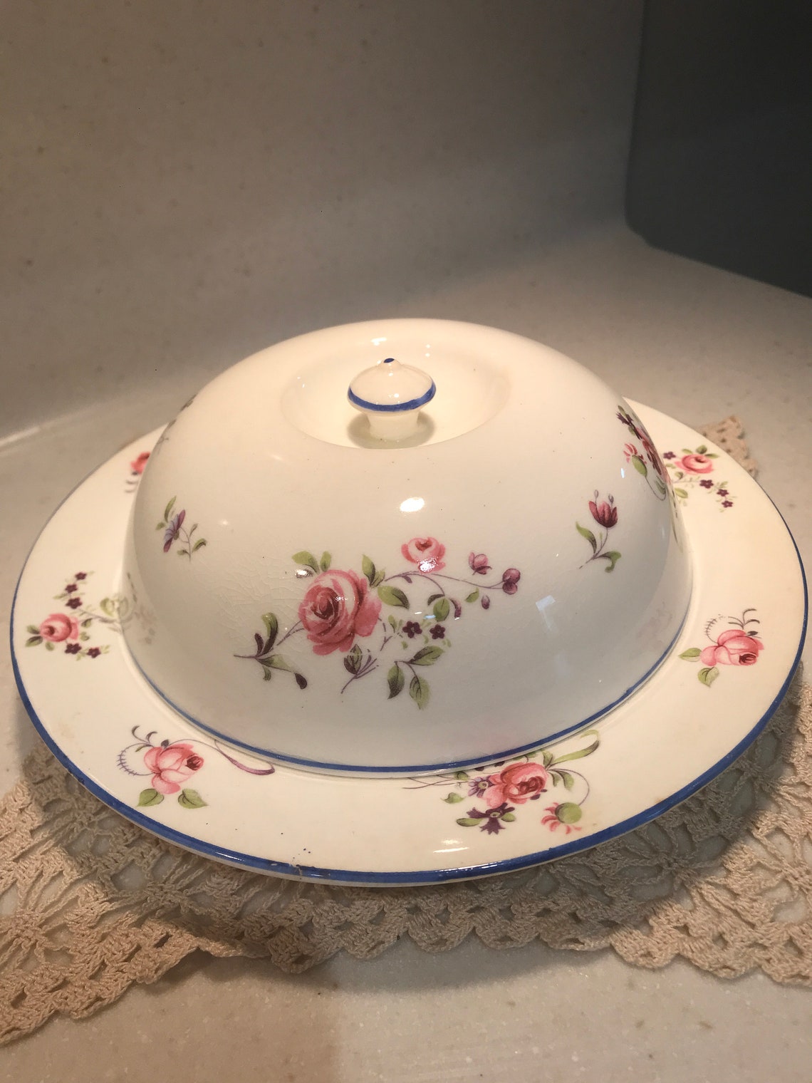 English Butter Dish Domed Vintage Bone China Pink Roses Etsy