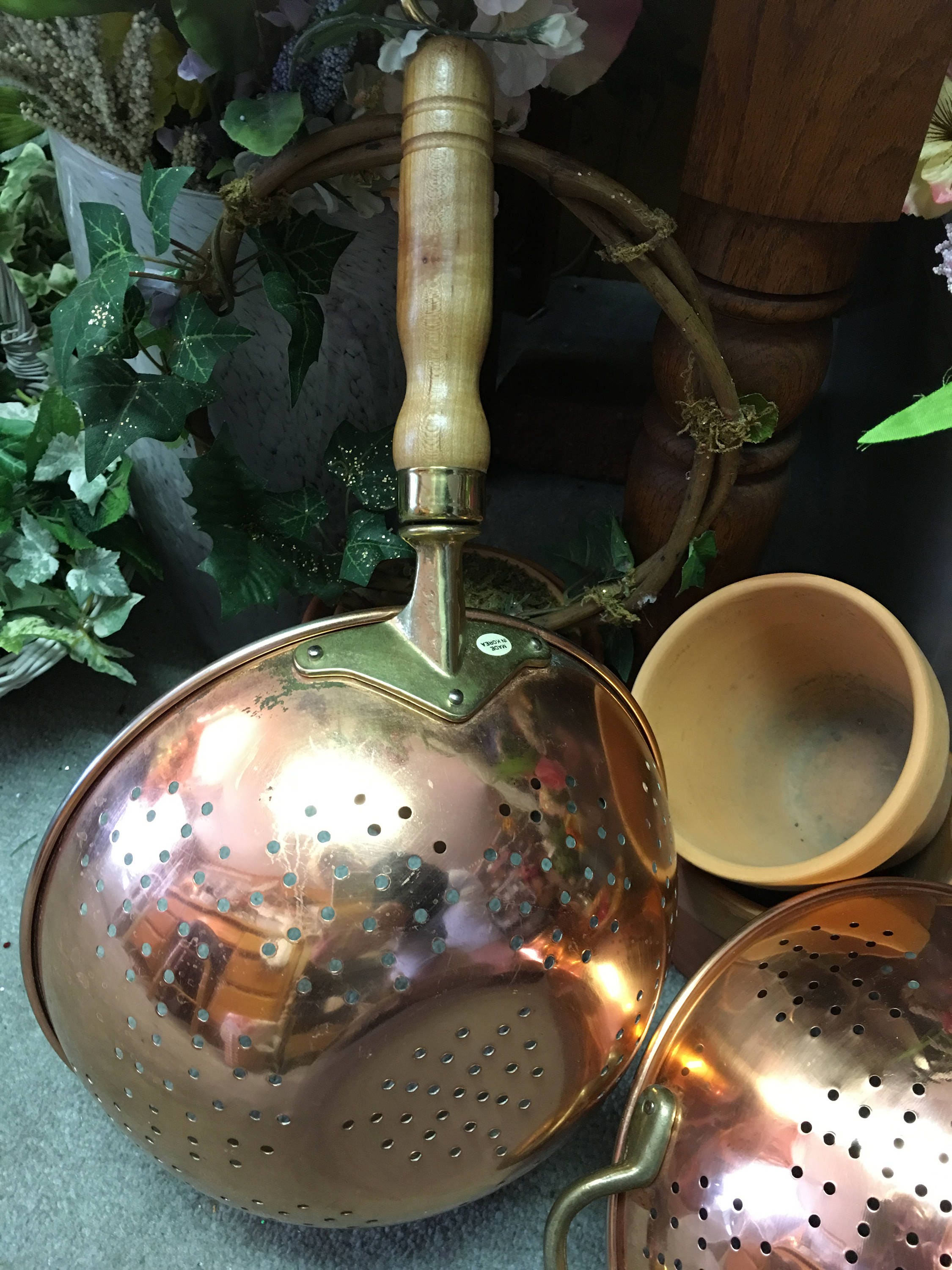 Copper Brass Colander Long Wood Handle Kitchenware Etsy