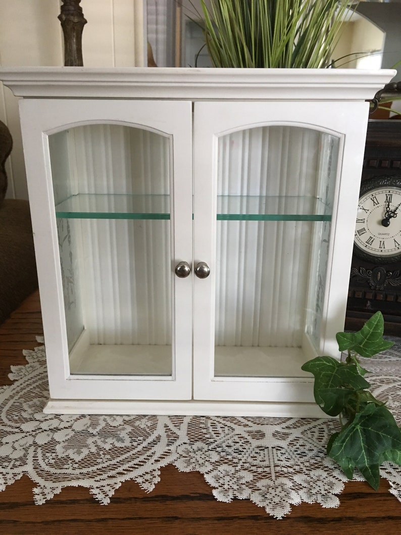 White Cabinet 1 Shelf Room For Tall Items Glass Double Doors Etched Sides Display