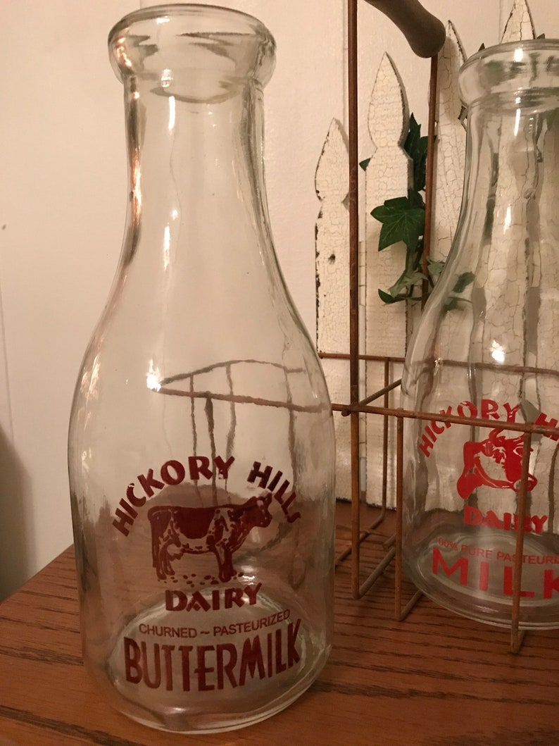 Vintage Milk Bottles Hickory Hills Dairy Clear Glass Metal Etsy