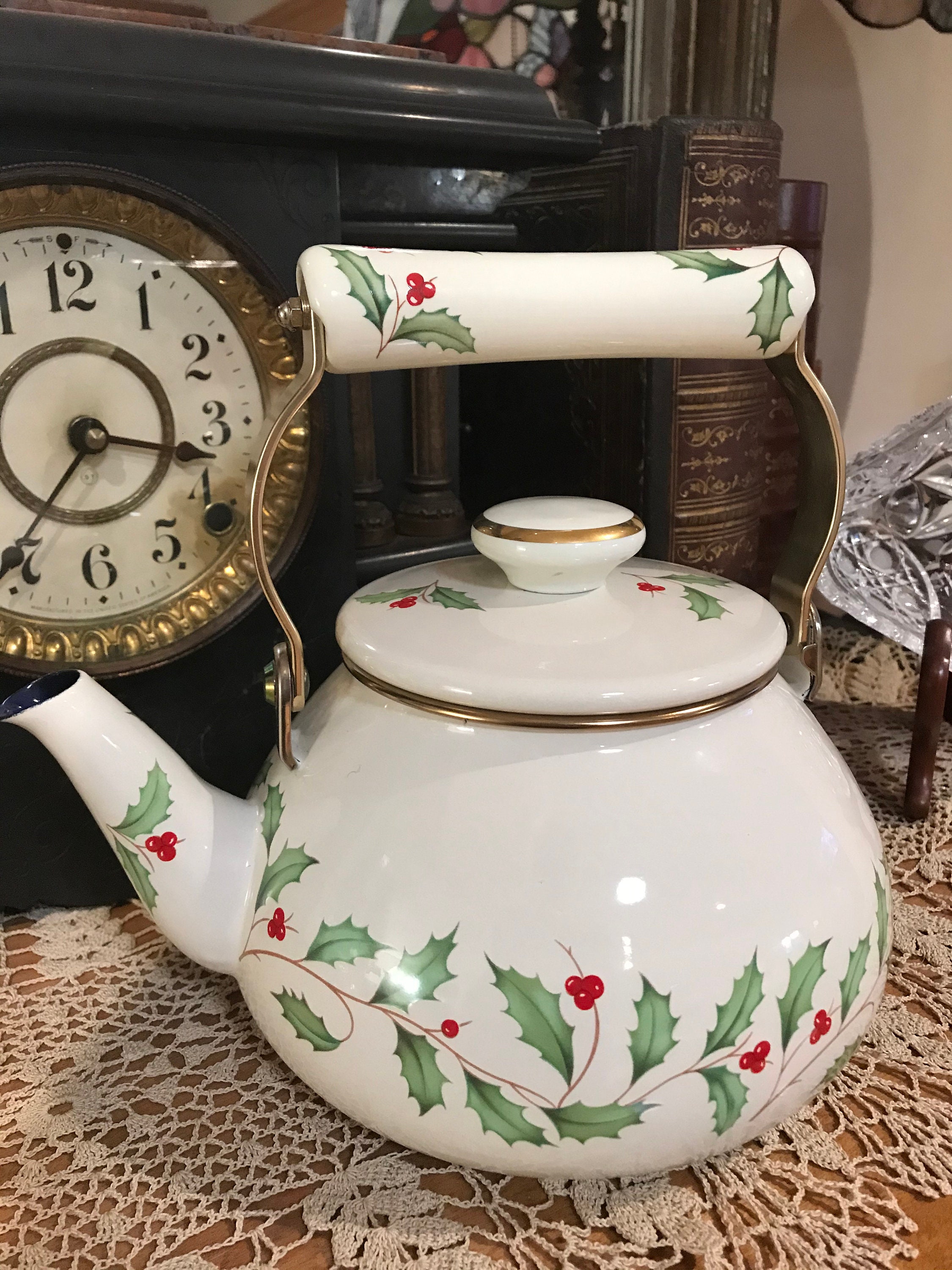 Lenox Large Tea Kettle Enamel Holiday Kettle Holly Berry Etsy