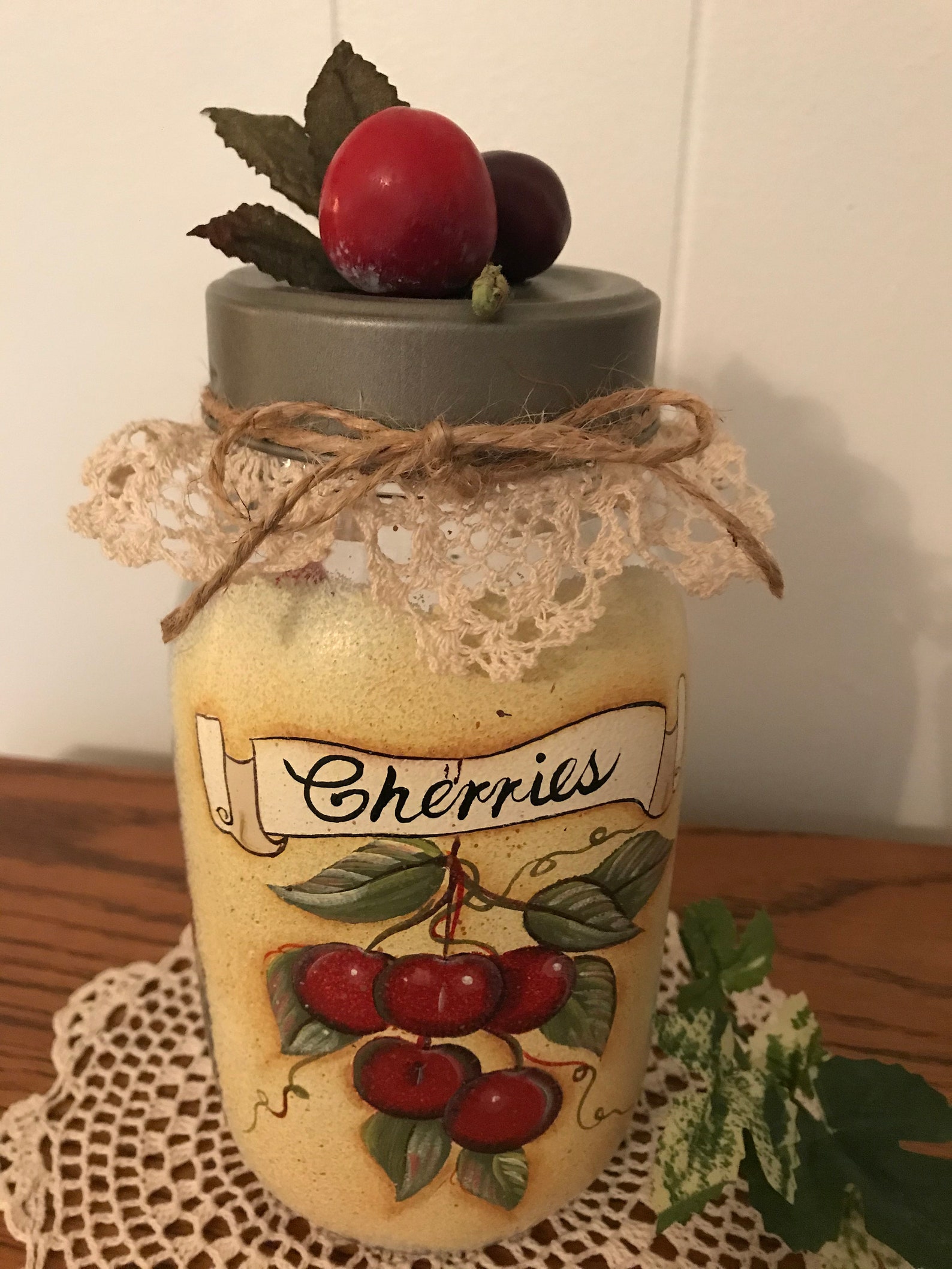 Cherry Display Jar Faux Cherries Included Lidded Glass Jar Etsy