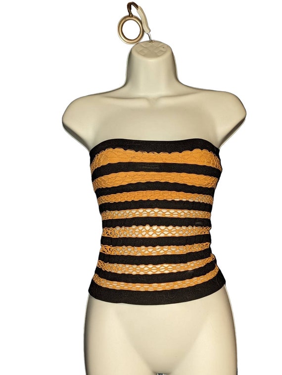 Y2K Orange and Black Striped Fishnet Rave Tube Top