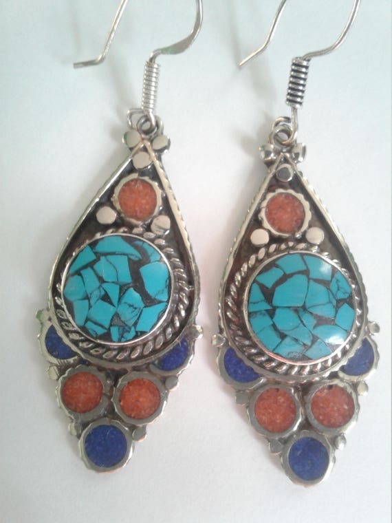 Tibetan Crushed Turquoise, Coral, and Silver Earr… - image 1