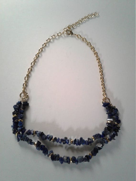 Double Stranded Lapis Necklace with Gold Plated Ch