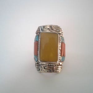 Tibetan Silver, Yellow Jasper, Turquoise, and Red Coral Ring