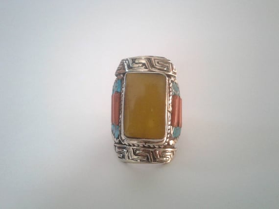 Tibetan Silver, Yellow Jasper, Turquoise, and Red… - image 1