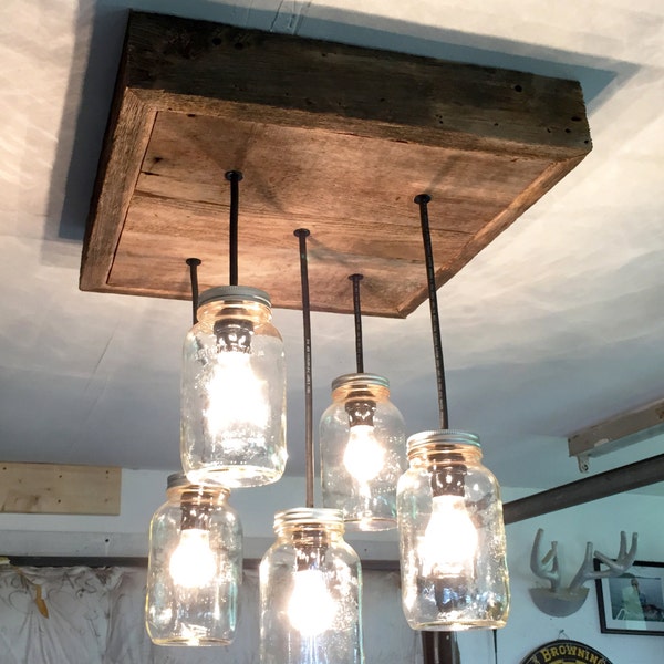 Barn Wood Mason Jar Chandelier (5 Jar)