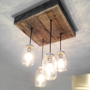 Lampadario in legno di fienile con barattolo di vetro (4 barattoli)