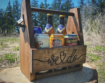 Wedding Beer Caddy - Personalized Date and "We Do" Carving - Groomsmen, Bridesmaids Gift