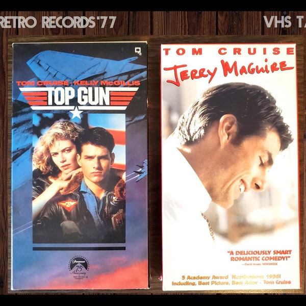 2 VHS Tapes: Top Gun, Jerry Maguire, Tom Cruise, Cuba Gooding Jr., Renée Zellweger, Val Kilmer, 1990s, Maverick, Movie Night, VHS