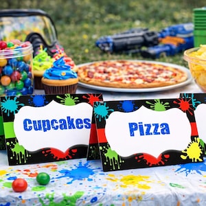PAINTBALL FOOD LABELS - Paintball Food Tents - Paintball Party - Birthday Buffet Labels - Splattered Paint - Editable Instant Download