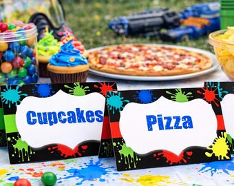 PAINTBALL FOOD LABELS - Paintball Food Tents - Paintball Party - Birthday Buffet Labels - Splattered Paint - Editable Instant Download