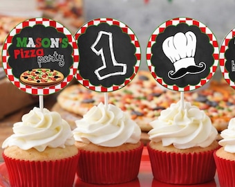 Adornos imprimibles para cupcakes de fiesta de pizza - Adornos para cupcakes de cumpleaños de pizza - Letreros para cupcakes de fiesta de pizza - Círculos para fiesta de pizza - Decoración