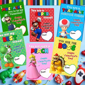 SUPER MARIO VALENTINES - Super Mario Alla hjärtans dag-kort - Mario Cart - Pojkars Alla hjärtans dag - Utskrivbara - Spelkort, Yoshi, Prinsessa, Luigi,