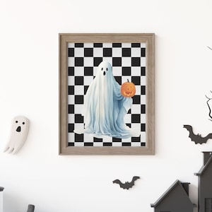Halloween Printables, Halloween Kunstdruck, Vintage, Halloween Geisterdruck, Gespenst mit Kürbis, karierter Druck, Halloween Wanddeko, DIY
