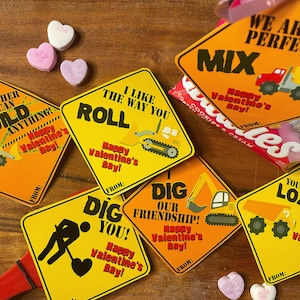 Bouw Valentijnskaarten, dumptruck, afdrukbare kinderen, klasvalentijn, schoolvalentijn, Digger Valentines, bouwborden