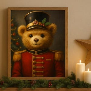 May include: A framed portrait of a teddy bear in a red military uniform and black hat hangs above a fireplace. A Christmas tree with ornaments and lights stands to the left. A red stocking hangs from the mantel, and candles and a star are on the mantel.