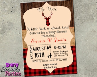 DEER BABY SHOWER Invitation, Oh Deer, Rustic Woodsy Burlap Buffalo plaid Invite Antlers Buck Coed Shower Couples Shower Hunting Invitation