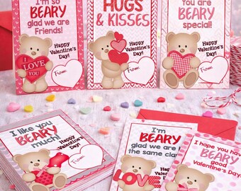 TEDDY BEAR VALENTINE Cards - Classroom Valentines, Bear Valentine Card, Valentine's Day Cards, Kids V-day Cards, I like You Beary Much, diy