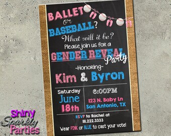 GENDER REVEAL INVITATION, Gender Reveal Idea, Ballet or Baseball Invite, Gender Reveal Party, chalkboard burlap pink or blue reveal,