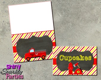 May include: Printable food labels with a red and yellow striped design and a chalkboard background. The labels feature a red fire engine, a fire hydrant, and an axe. The text on the label reads "Cupcakes".