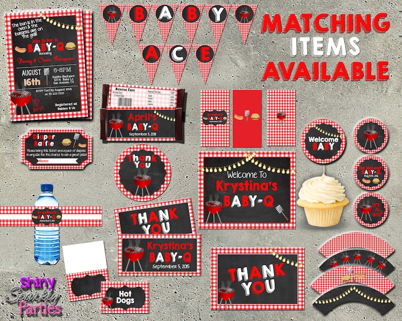 May include: A set of printable baby shower party decorations with a barbecue theme. The decorations include a welcome sign, thank you sign, cupcake toppers, water bottle labels, and a diaper raffle sign. The decorations are in red, black, and white with a checkered pattern.