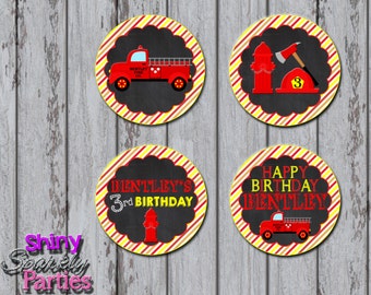 Printable FIRETRUCK CUPCAKE TOPPERS - Firetruck Party Circles - Firetruck Cupcake Toppers - Firetruck Party Decor - Firetruck Cupcake Signs