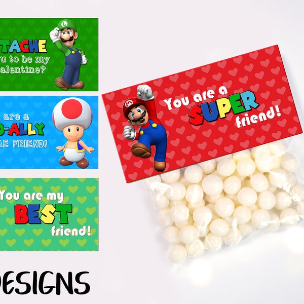 SUPER MARIO Treat Bag TOPPERS, Valentine Bag Toppers, Classroom Valentines, Kids School Vday, Classroom Gifts, Gamer, Boy's Valentines, diy