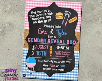 BBQ GENDER REVEAL Invitation, "Gender Reveal" Party Invite, Bbq Baby Shower, Couples Shower, Pink and Blue Baby-q,  boy or girl  sprinkle,