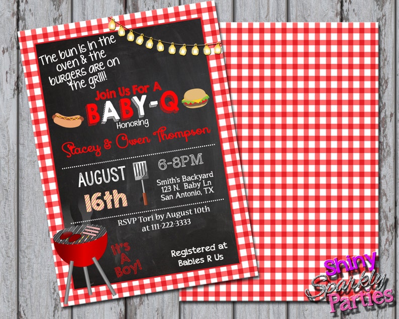 May include: A red and white gingham baby shower invitation with a chalkboard background. The chalkboard has a grill, hot dog, hamburger, and the text "Join Us For A Baby-Q Honoring Stacey & Owen Thompson August 16th 6-8PM Smith's Backyard 123 N. Baby Ln San Antonio, TX RSVP Tori by August 10th at 111-222-3333 It's A Boy! Registered at Babies R Us".