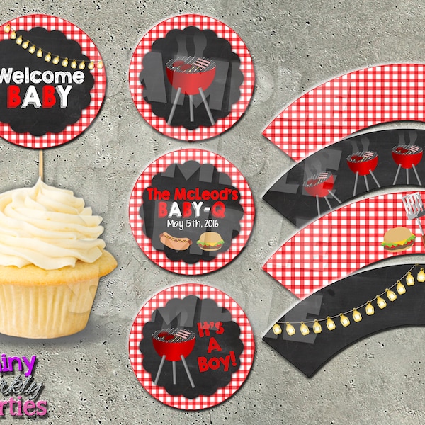 BBQ CUPCAKE TOPPERS and Wrappers, Baby Shower Barbecue, Rustic, BaByQ, Couples Shower, Coed Shower, Baby Bbq, Gingham and Chalkboard