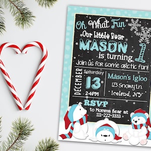 POLAR BEAR INVITATION, Winter Birthday Invite, Winter Wonderland, Winter ONEderland First Birthday, Polar Bear Party, Christmas Birthday