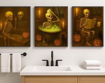 Set de arte de pared imprimible para baño de Halloween: decoración divertida de esqueletos para el baño, descarga digital espeluznante para decorar el hogar en Halloween - Bañera