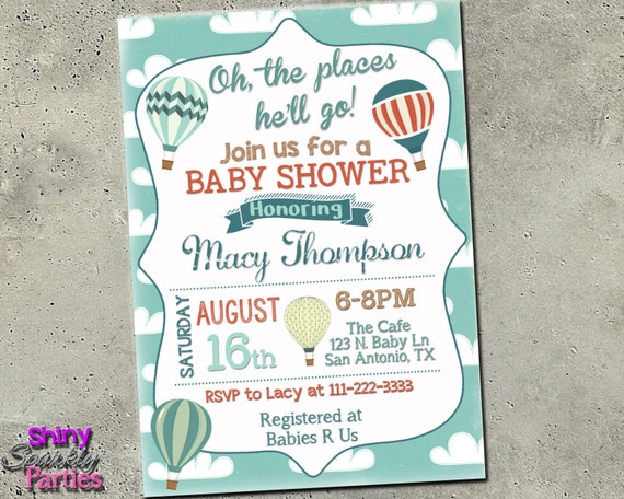 Gender Reveal Editable Hot Air Balloon Invitation The Places You'll Go OH Baby Shower Printable Digital Template