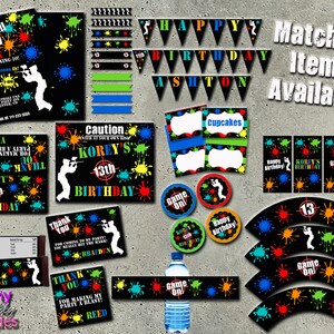 May include: A set of printable party decorations for a paintball themed birthday party. The set includes invitations, cupcake toppers, water bottle labels, and banners. The decorations feature a black background with colorful paint splatters and a silhouette of a person holding a paintball gun.