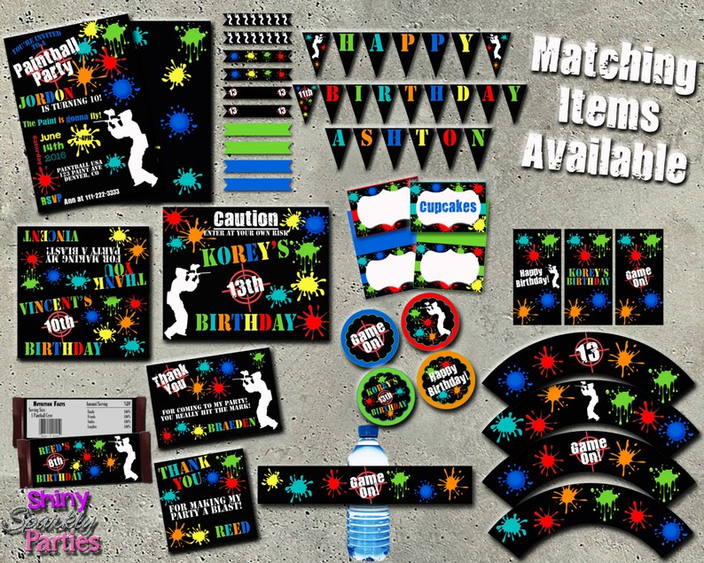 May include: A set of printable party decorations for a paintball themed birthday party. The set includes invitations, cupcake toppers, water bottle labels, and banners. The decorations feature a black background with colorful paint splatters and a silhouette of a person holding a paintball gun.