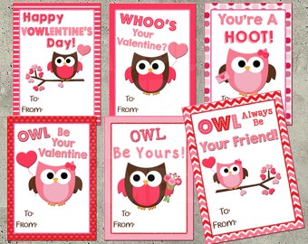 OWL VALENTINES - Printable Owl Valentine Cards - Classroom Valentines - Valentines for School Valentines for a girl - Diy Valentine Cards