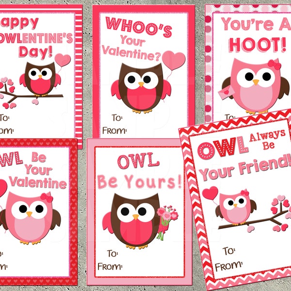 OWL VALENTINES - Printable Owl Valentine Cards - Classroom Valentines - Valentines for School Valentines for a girl - Diy Valentine Cards