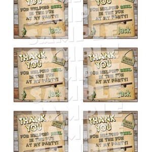 May include: Six brown and yellow thank you cards with a fishing theme. The cards have a wood grain background and feature a fishing rod and a fish. The text on the cards reads "Thank You" and "For helping reel in the fun at my party!" with the name "Jack" at the bottom.