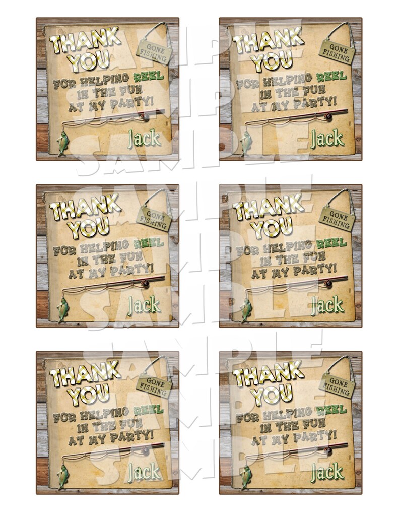 May include: Six brown and yellow thank you cards with a fishing theme. The cards have a wood grain background and feature a fishing rod and a fish. The text on the cards reads "Thank You" and "For helping reel in the fun at my party!" with the name "Jack" at the bottom.