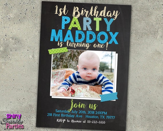 first birthday invitation baby boy birthday invite chalkboard 1st birthday party blue and green photo invitation for a boy 2nd 3rd boy birthday invite