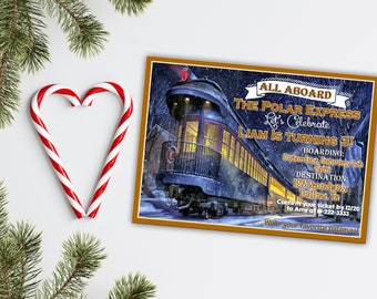 May include: A blue and white train with a brown banner that reads "All Aboard The Polar Express Let's Celebrate Liam is Turning 3!" The train is in a snowy winter scene. The invitation includes details for a birthday party, including the date, time, and location.